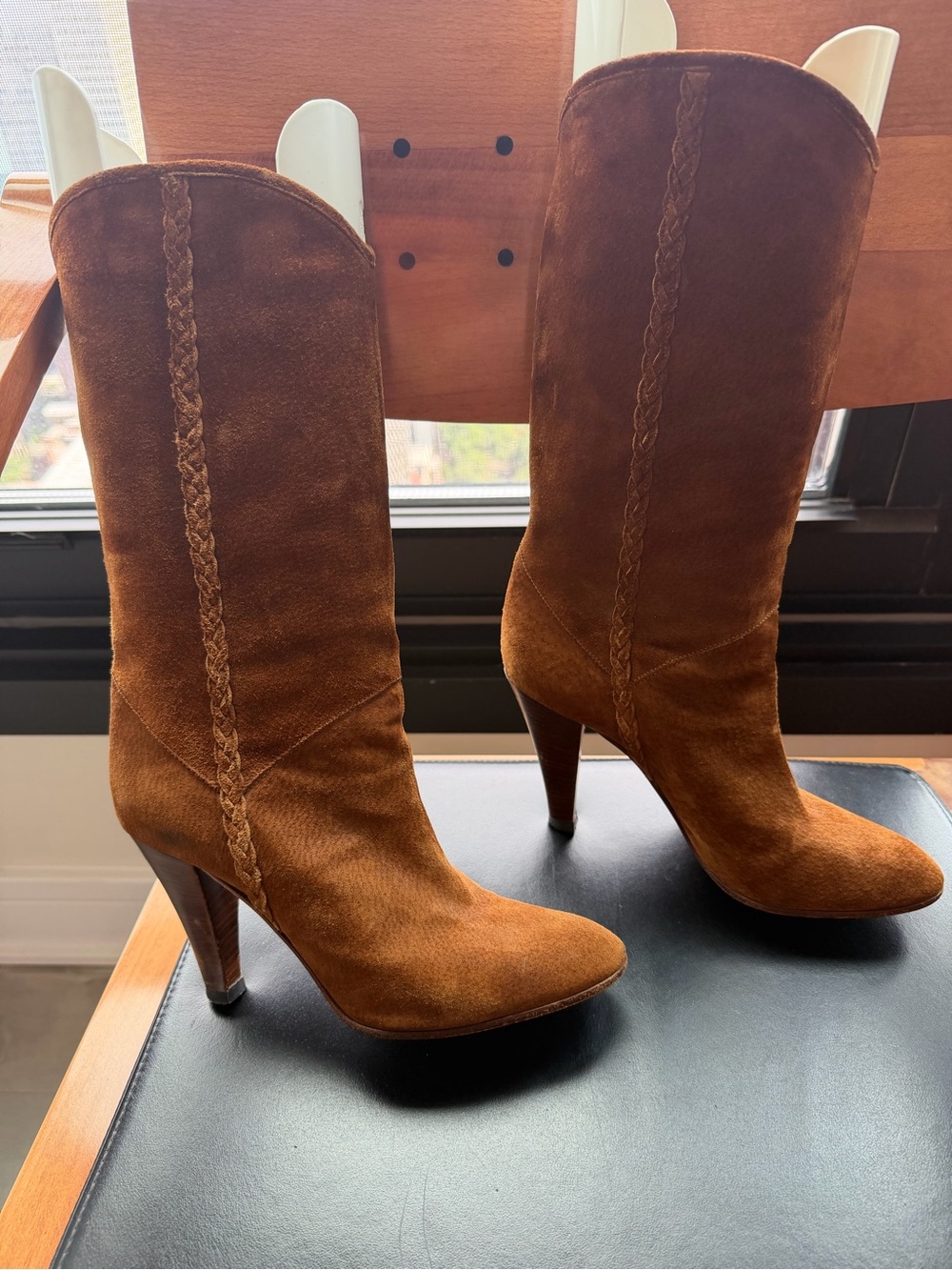 Casadei Chestnut Suede Braided Mid-Calf Heeled Boots - Picture 4 of 5
